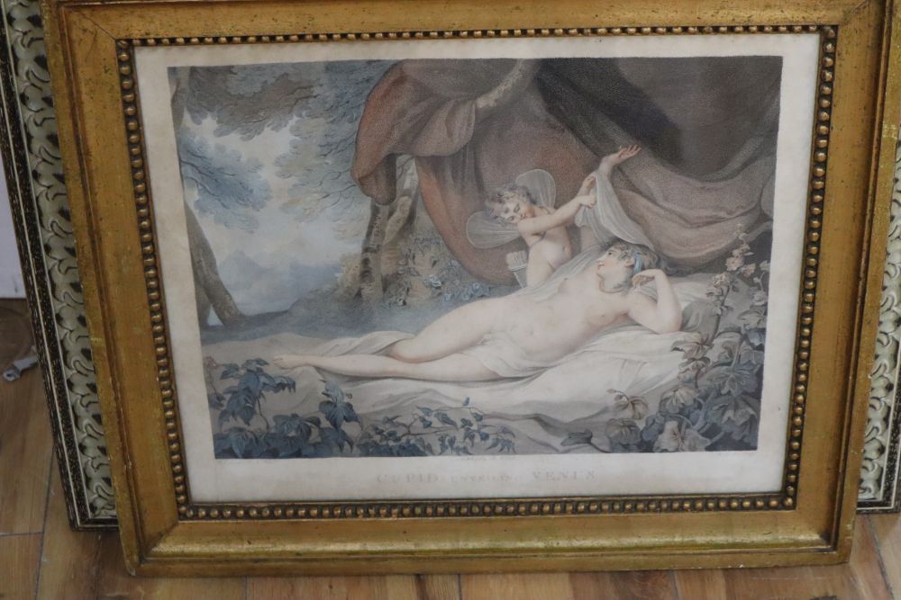 After F. Wheatley RA (1747-1801), Cupid Unveiling Venus, coloured engraving and another print, Campaspe